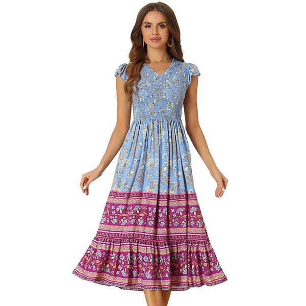 Mittoshop Flower Print Flutter Sleeve Smocked Midi Dress