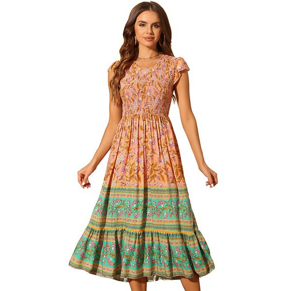 Hydrangea Tropical Block Print Flutter Strap Smocked Midi Dress main image 1