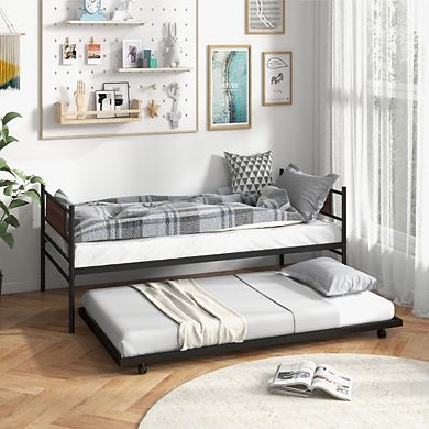 Twin Size Metal Daybed With Trundle And Wood Grain Headboard