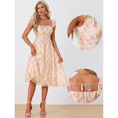 Tropical Look Linen Blend Floral Print Square Neck Back Smocked Midi Dress