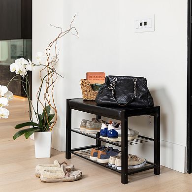 Leatherette Storage Entryway Bench And Shoe Rack With Metal Frame