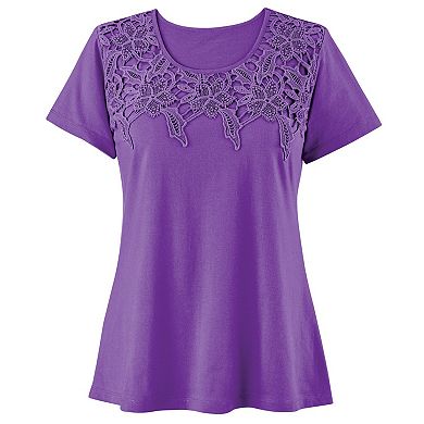 Collections Etc Beautiful Lace Design Trimmed Cotton Knit Top