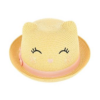 CTM Girl's Smiling Kitty Face Straw Sun Hat