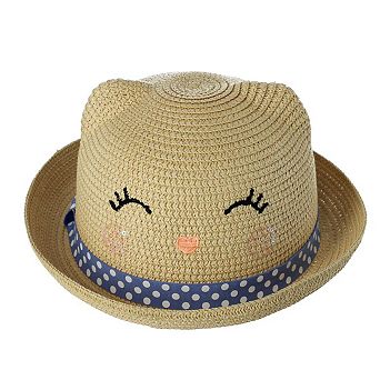 CTM Girl's Smiling Kitty Face Straw Sun Hat