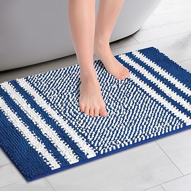 Striped Chenille Bathroom Rug With Edges, Non-slip Bathroom Floor Mat