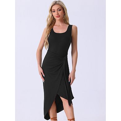 Women's Sleeveless Scoop Neck Ruched Faux Wrap Tie Side Bodycon Midi Dress