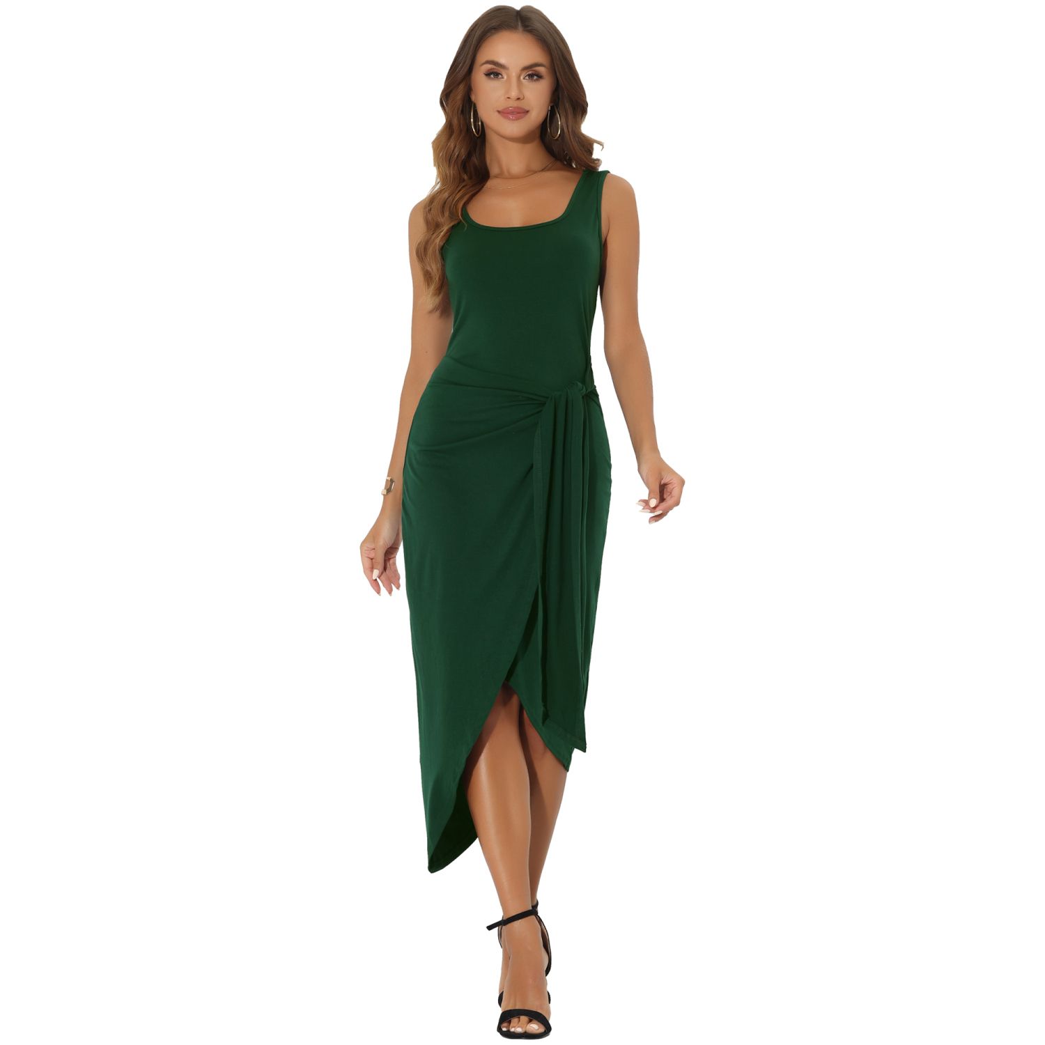 Women's Casual Bodycon Maxi Dress - Sleeveless, Tie Knot Side, Slit Hem,  Knit Fabric