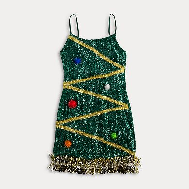 Juniors' Born Famous Green Tree Tinsel Dress