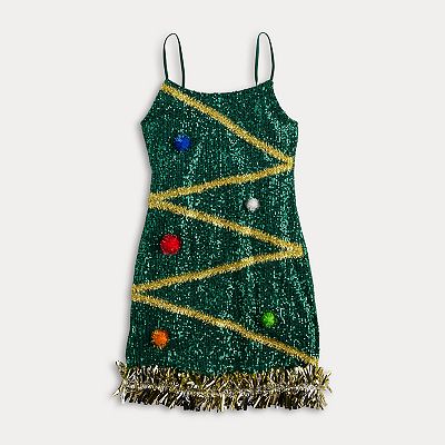 Juniors' Born Famous Green Tree Tinsel Dress