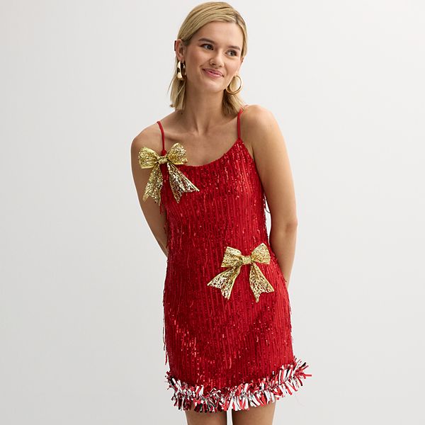 red sequin dress with bow Pride And Prejudice Sequin Bow Mini Dress  Mermaid Way, Red / M