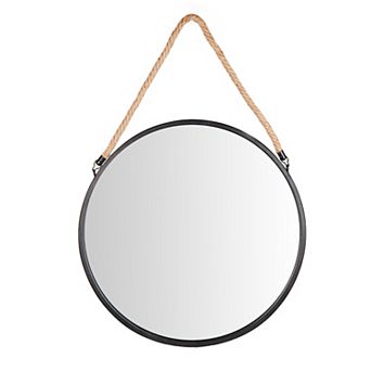 Framed 20" Decorative Round Black Metal Circle Wall Mirror With Hanging Rope