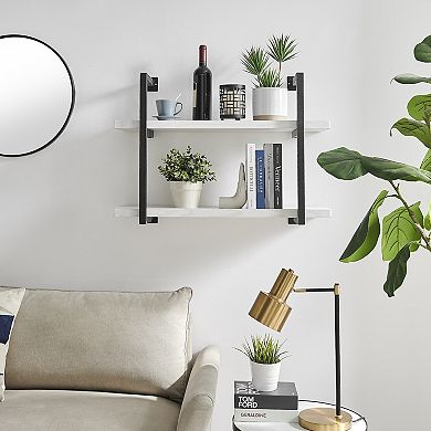 Modern 2-tier Hanging Bracket Wall Shelves In Black Metal And White Birch Finish