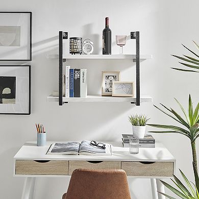 Modern 2-tier Hanging Bracket Wall Shelves In Black Metal And White Birch Finish