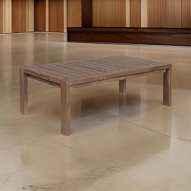 Sol 52 Inch Outdoor Coffee Table, Slatted Top, Weathered Eucalyptus Wood