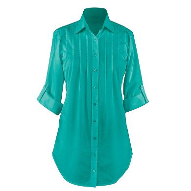 Collections Etc Button Down Roll Sleeve Tunic Top,