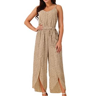 Women's Summer Casual Spaghetti Straps Tie Waist Split Wide Leg Jumpsuits Rompers