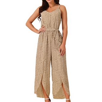Women's Summer Casual Spaghetti Straps Tie Waist Split Wide Leg Jumpsuits Rompers