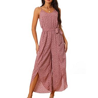 Women's Summer Casual Spaghetti Straps Tie Waist Split Wide Leg Jumpsuits Rompers