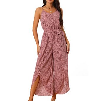 Women's Summer Casual Spaghetti Straps Tie Waist Split Wide Leg Jumpsuits Rompers