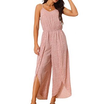 Women's Summer Casual Spaghetti Straps Tie Waist Split Wide Leg Jumpsuits Rompers