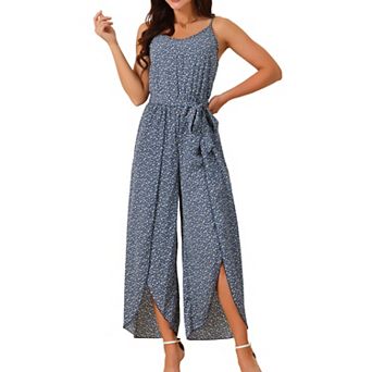 Women's Summer Casual Spaghetti Straps Tie Waist Split Wide Leg Jumpsuits Rompers