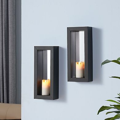 Vertical Mirror Pillar Candle Wall Sconces With Metal Frame (set Of 2)