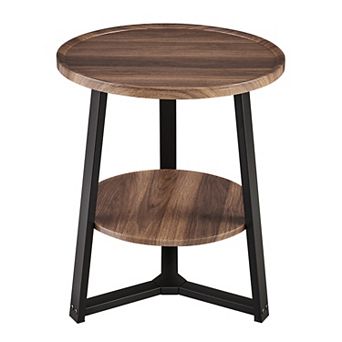 Mason Round 2 tier Side Accent Table With Raised Lip Edge With Mid-century Modern Crossed Metal Legs