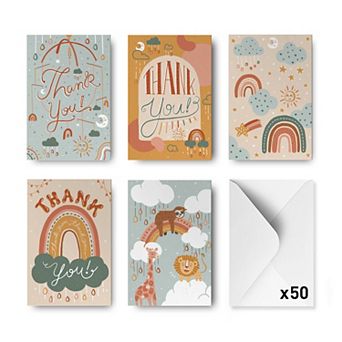 Rileys Baby Shower Thank You Cards, 50-count Hand-illustrated, 5 Designs With Envelopes (nature)