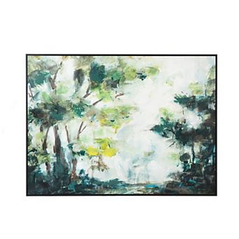 35 X 47 Framed Wall Art, Forest Watercolor Landscape, Modern Green, White