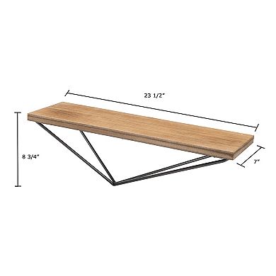 Rustic Wall Mount Pine Wood Floating Display Shelf With Diamond-shaped Asymmetrical Iron Bracket