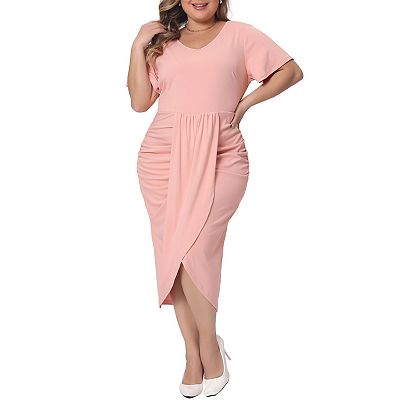 Women s Plus Size Cocktail Dresses Elegant Short Sleeve V Neck Ruched Slit Bodycon