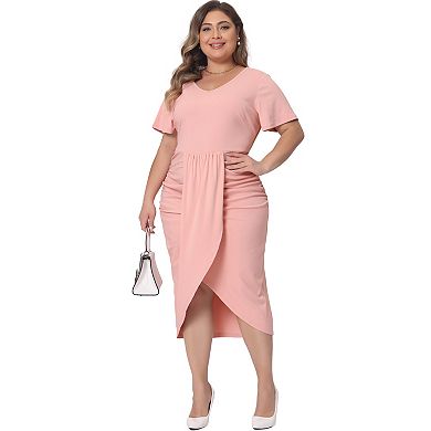 Women's Plus Size Cocktail Dresses Elegant Short Sleeve V Neck Ruched Slit Bodycon