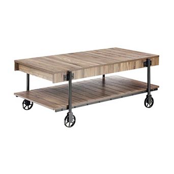 Loak 47 Inch Coffee Table, Brown Plank Top, Bottom Shelf, Wheels, Black