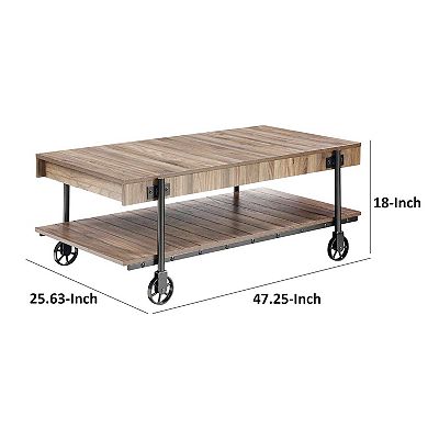Loak 47 Inch Coffee Table, Brown Plank Top, Bottom Shelf, Wheels, Black