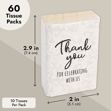 60 Pack Individual Pocket-size Travel Tissues For Party Favors, 3-ply, 3 X 2 In
