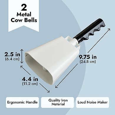 2 Pack Cowbells Noise Makers With Handle For Sporting Events, White, 9.75 In