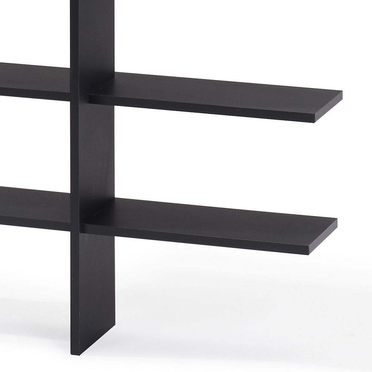 Close-up of dark five-level asymmetric wall shelf horizontal shelf and vertical support
