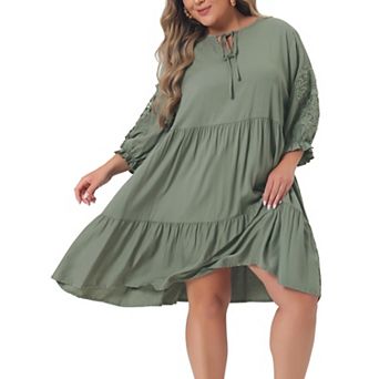Women's Plus Size V Neck Tie Lace Sleeve Casual Summer Ruffle Hem Midi Flowy Dress