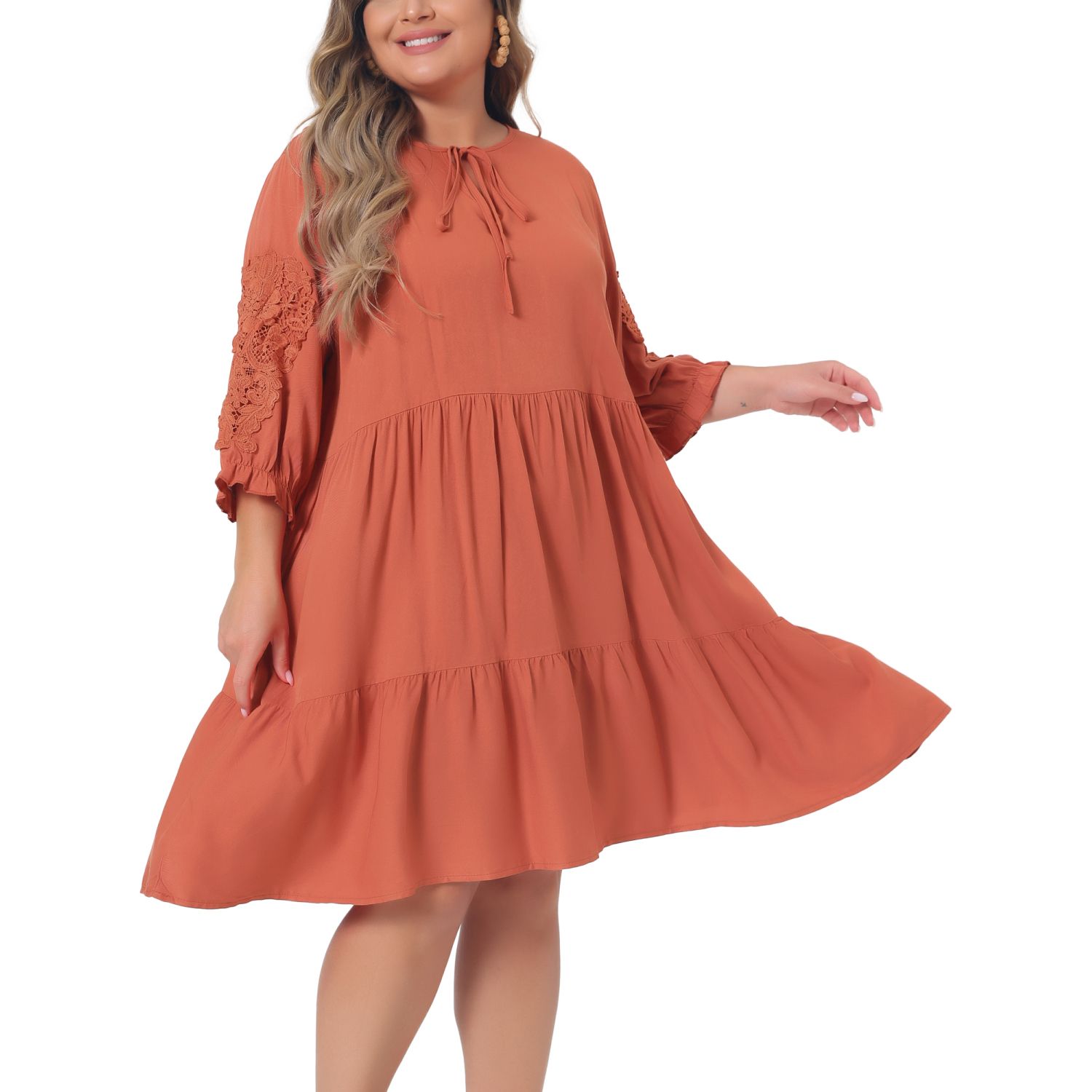 Женские платья Plus Size V Neck Tie Lace Sleeve Casual Summer Ruffle Hem Midi Flowy Dress