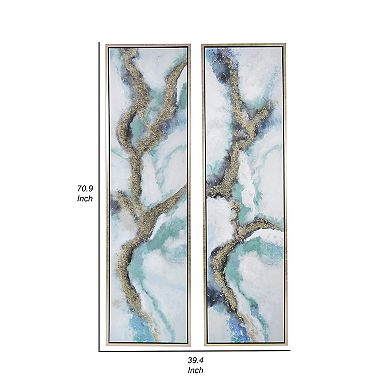 20 X 71 Tall Framed Wall Art Oil Painting Set Of 2, Blue And Gold Canvas