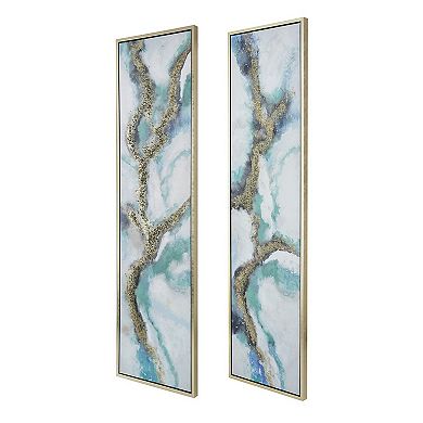 20 X 71 Tall Framed Wall Art Oil Painting Set Of 2, Blue And Gold Canvas