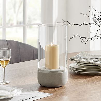 Danya B. Modern Cool Gray Cement Base And Glass Pillar Candle Holder