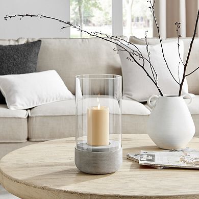 Danya B. Modern Cool Gray Cement Base And Glass Pillar Candle Holder