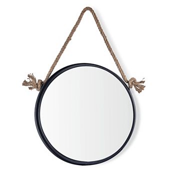 18 in Black Iron Framed Round Accent Mirror With Hanging Rope