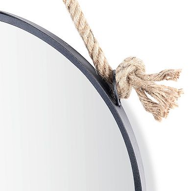 18in Black Iron Framed Round Accent Mirror With Hanging Rope