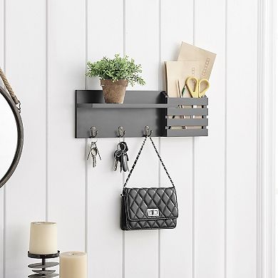Mail And Key Wall Shelf Organizer With Pocket And Hanging Hooks