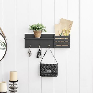 Mail And Key Wall Shelf Organizer With Pocket And Hanging Hooks