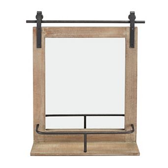 Rustic Industrial Wood-framed Wall Mount Barn Door Vanity Mirror With Shelf And Iron Hardware