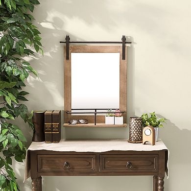 Rustic Industrial Wood-framed Wall Mount Barn Door Vanity Mirror With Shelf And Iron Hardware