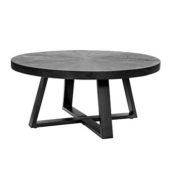 Raj 39 Inch Round Coffee Table, Cross Legs Design, Black Acacia Wood, Iron